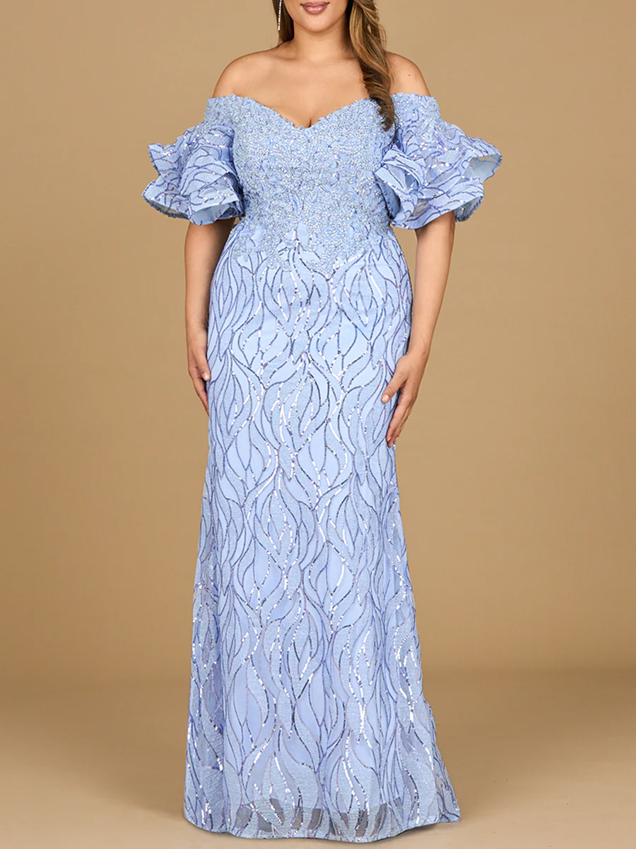 Off Shoulder Mermaid Beaded Gown with Tiered Sleeves | Lara 29190 - Image 3