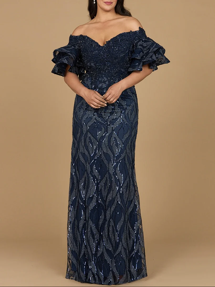 Off Shoulder Mermaid Beaded Gown with Tiered Sleeves | Lara 29190 - Image 4