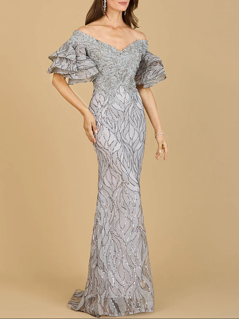 Off Shoulder Mermaid Beaded Gown with Tiered Sleeves | Lara 29190 - Image 5
