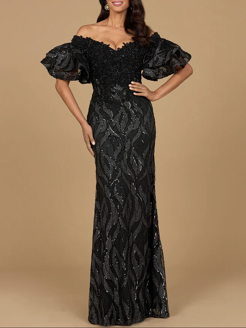 Off Shoulder Mermaid Beaded Gown with Tiered Sleeves | Lara 29190 - Image 6