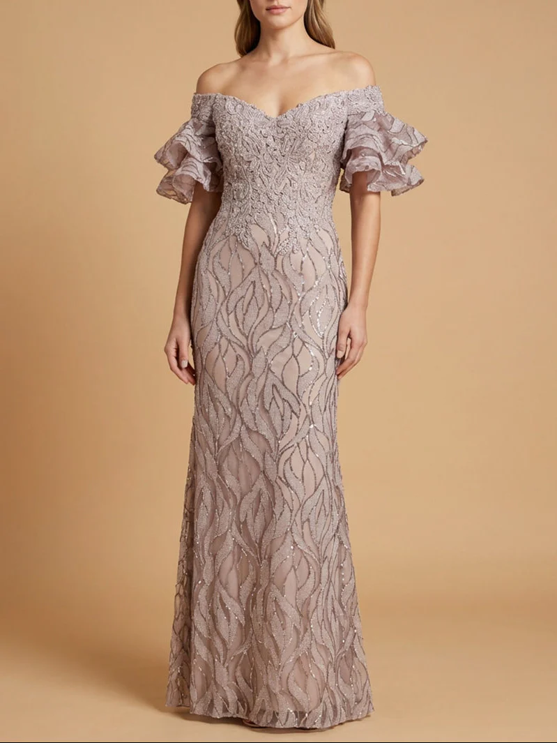 Off Shoulder Mermaid Beaded Gown with Tiered Sleeves | Lara 29190 - Image 7