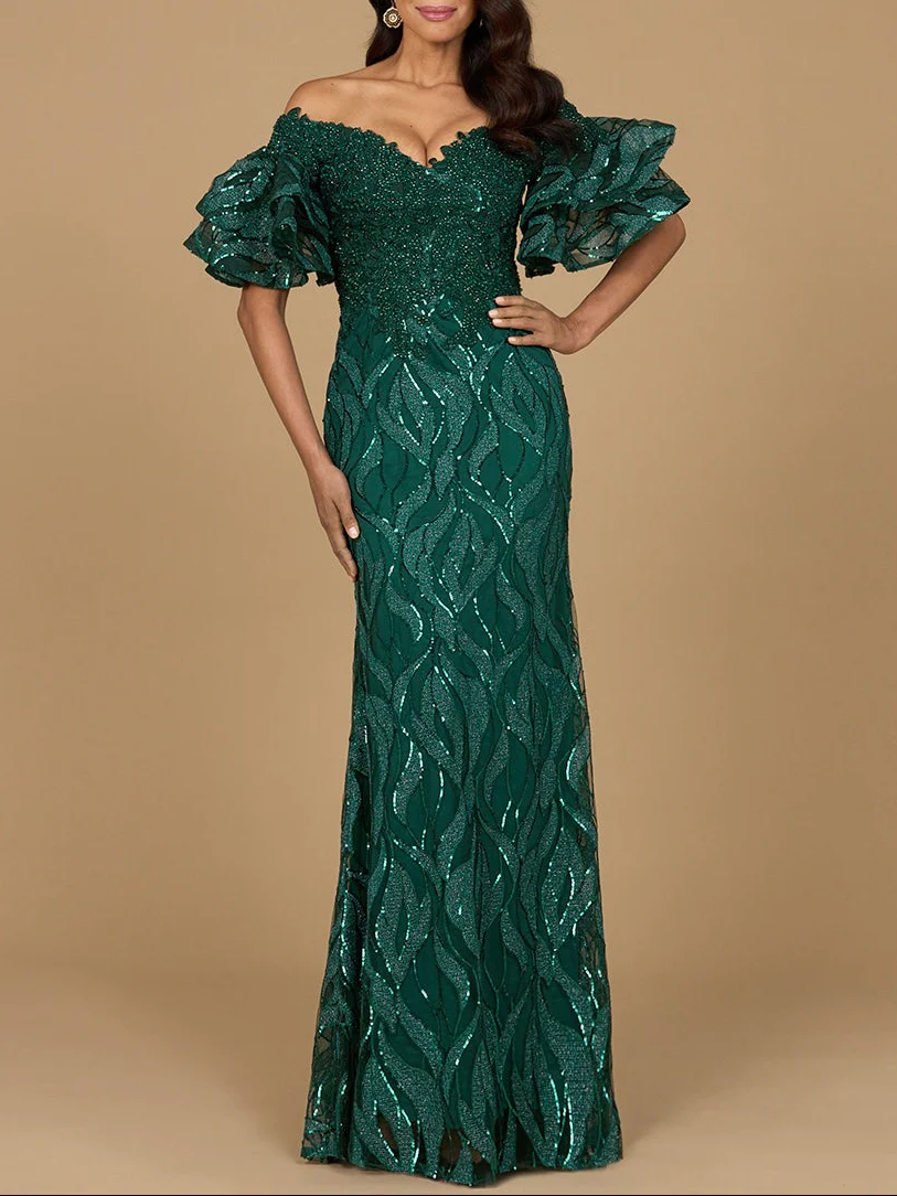 Off Shoulder Mermaid Beaded Gown with Tiered Sleeves | Lara 29190 - Image 8