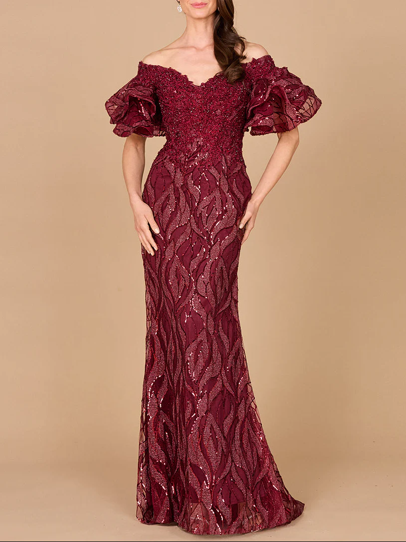 Off Shoulder Mermaid Beaded Gown with Tiered Sleeves | Lara 29190 - Image 9