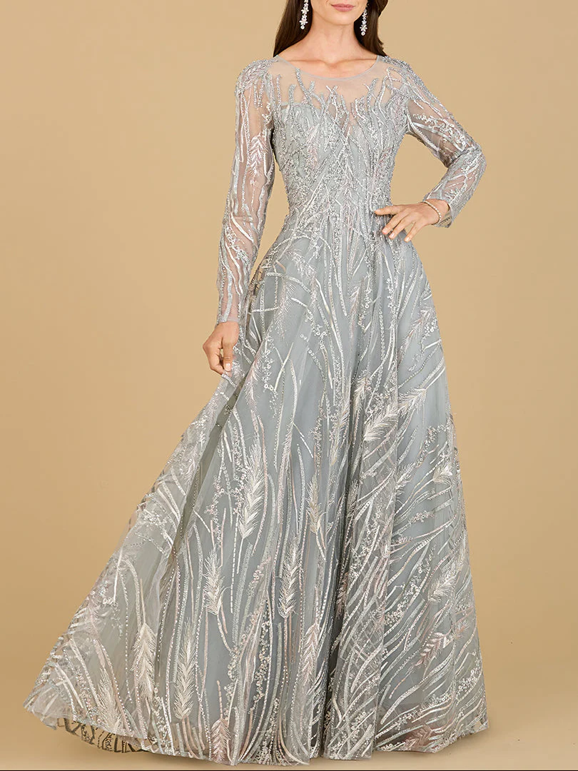 Long Sleeve Illusion Neck Gown - Image 2