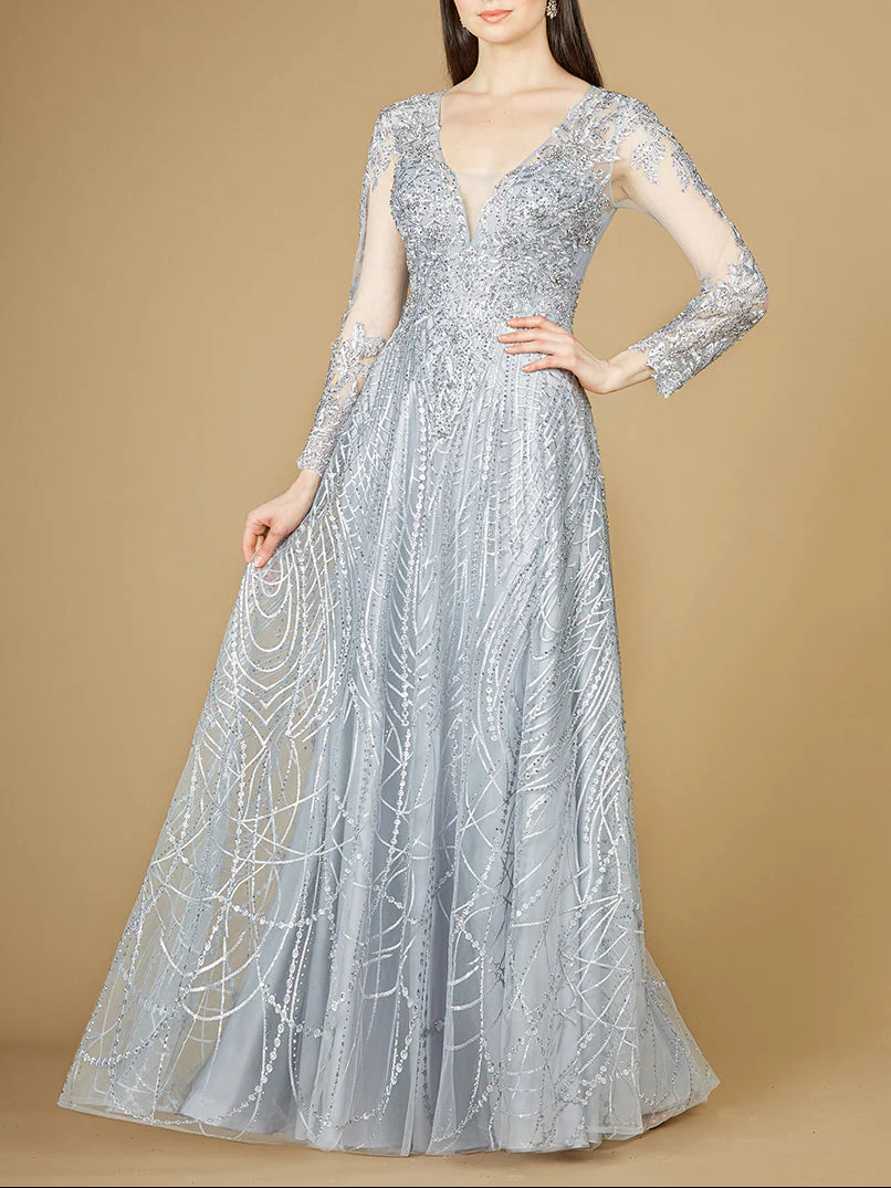 Long Sheer Sleeve V-Neckline Sheath Gown - Image 2