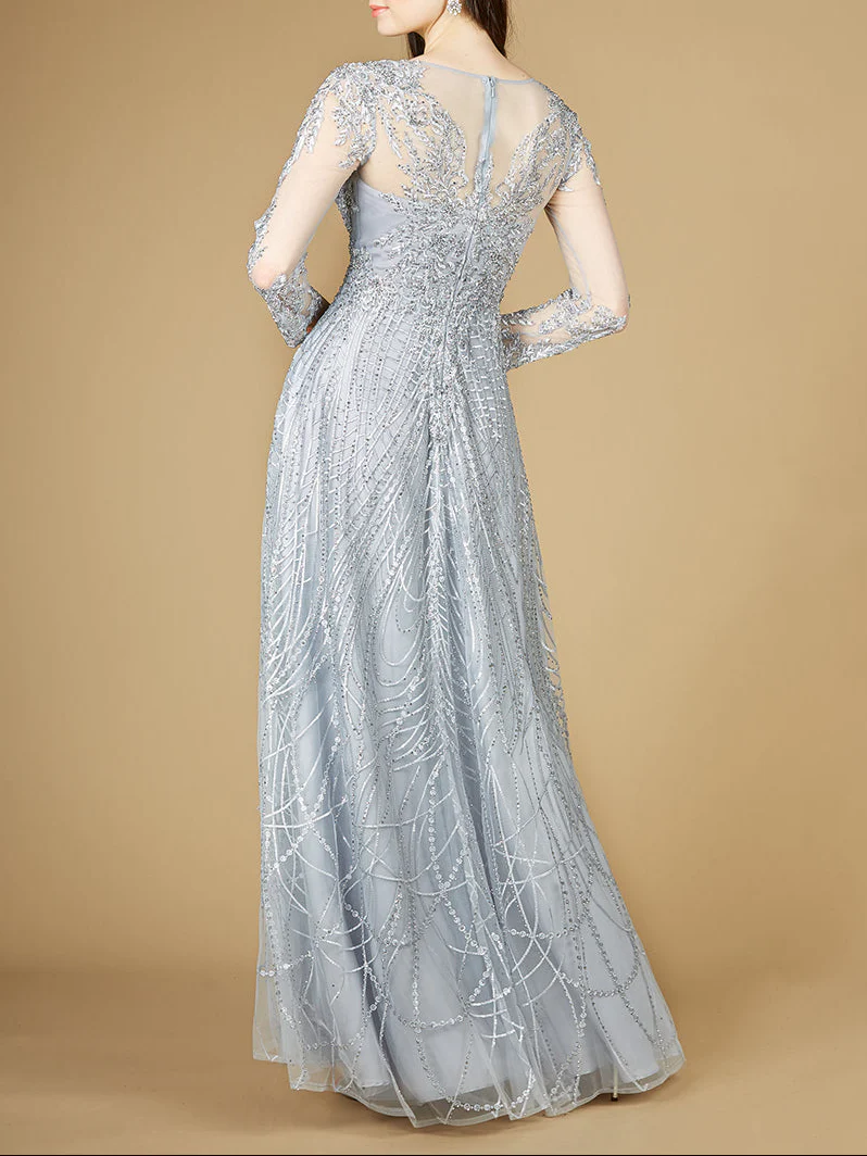 Long Sheer Sleeve V-Neckline Sheath Gown - Image 3