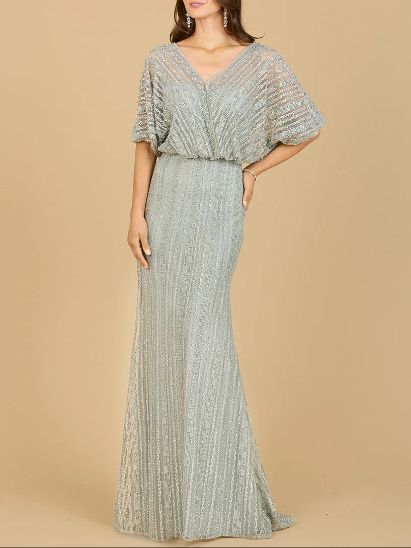 Cape Sleeve V-Neck Gown with Geometric Beading - Image 5