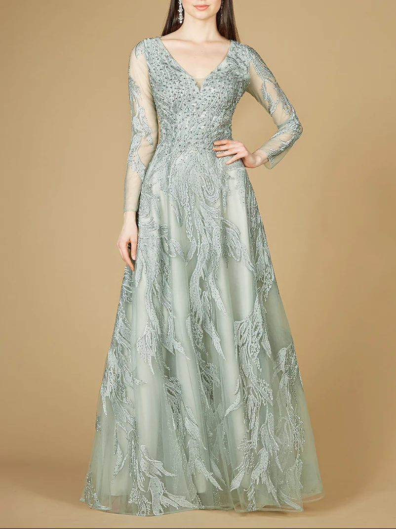 Long Sleeve Lace Ballgown with V-Neck - Image 2