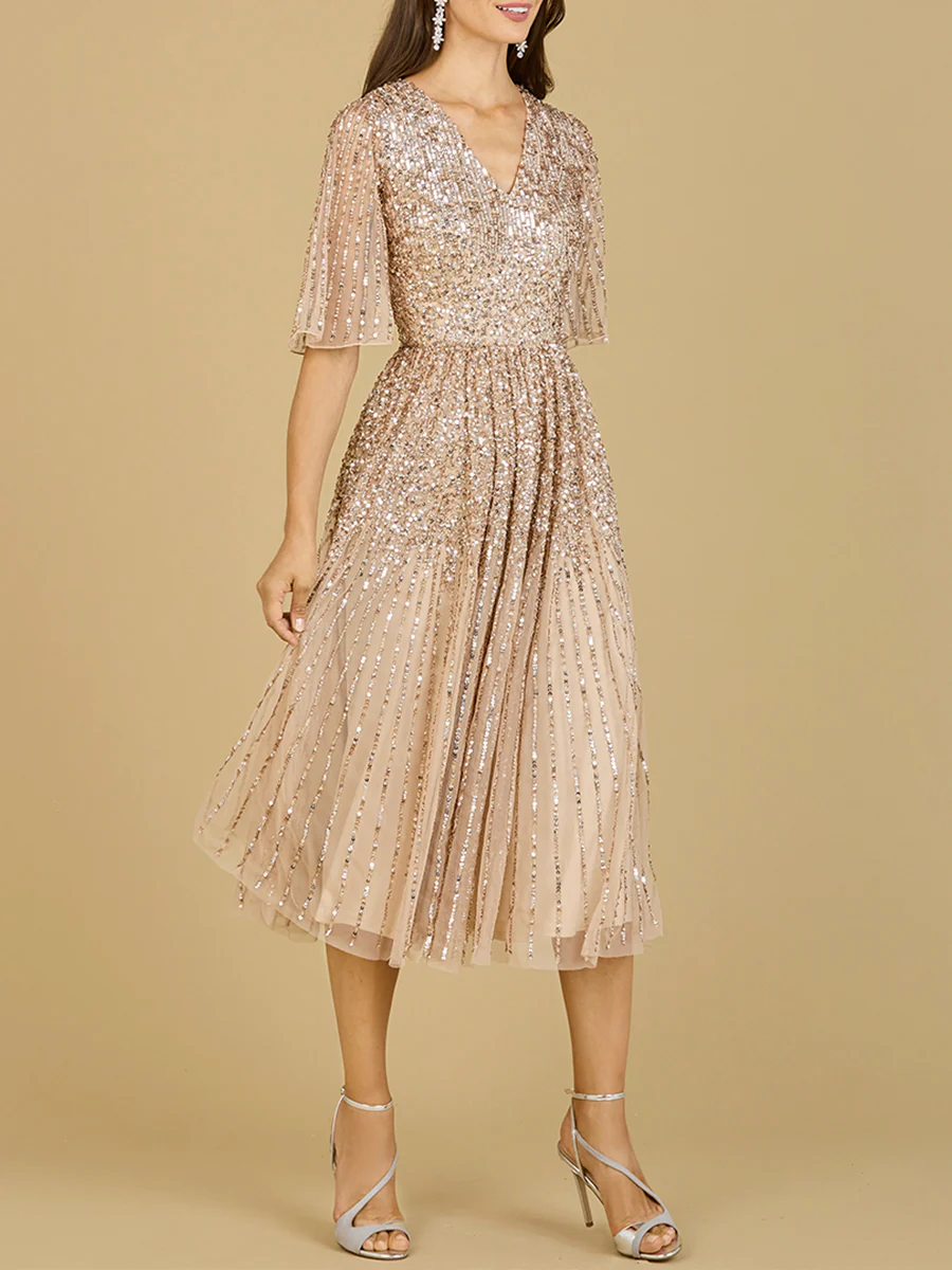 Flowing, Sequin Midi Dress with Short Sleeves | 29221