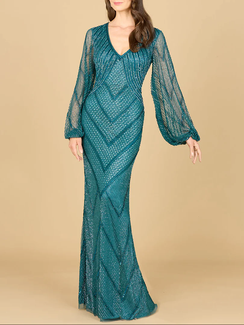 Long Sleeve Beaded Dress with Sheer Sleeves - Image 2