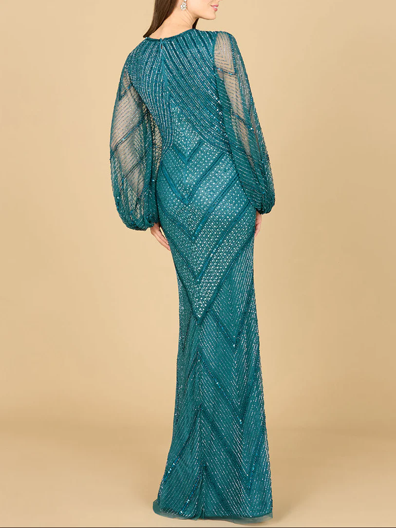 Long Sleeve Beaded Dress with Sheer Sleeves - Image 3