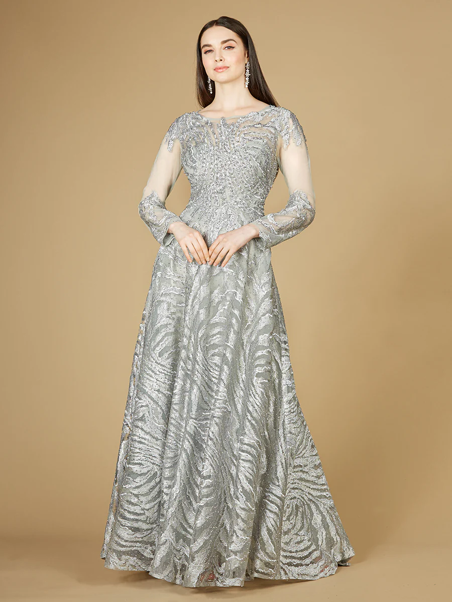Lace Ball Gown with Long Sheer Sleeves and High Neck - OUTLET - Image 2