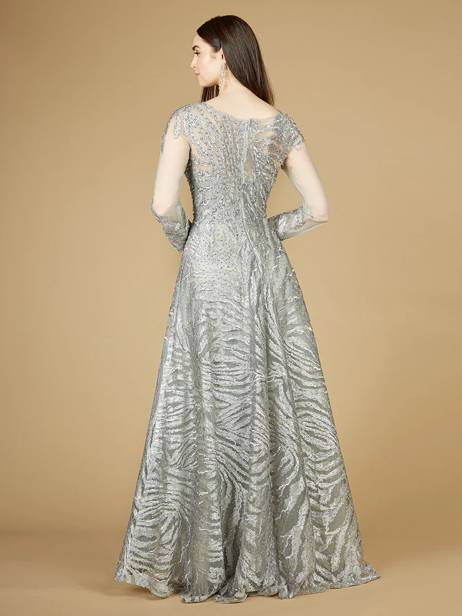 Lace Ball Gown with Long Sheer Sleeves and High Neck - OUTLET - Image 3