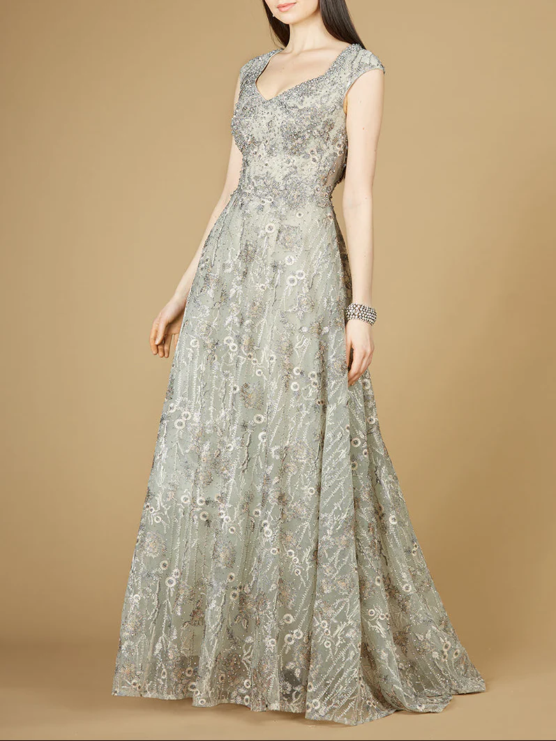 Cap Sleeve V-Neck Lace A-line Gown - Image 2