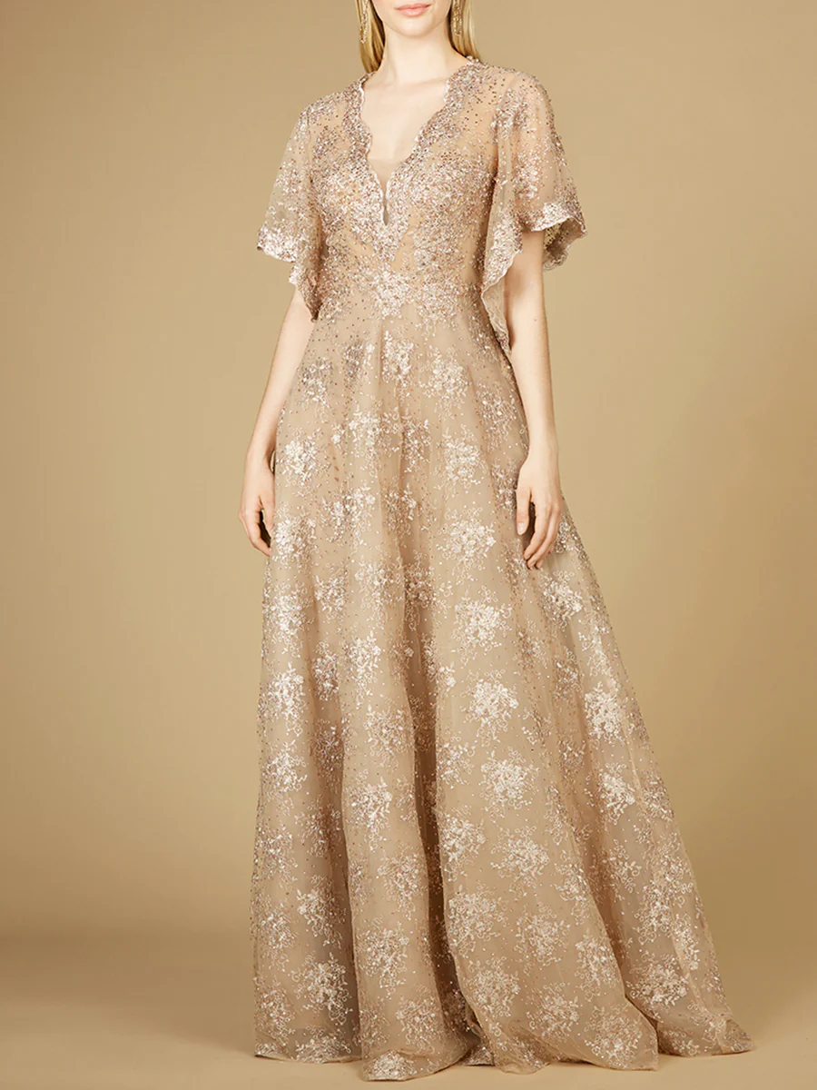 Cape Sleeve V-Neck Gown