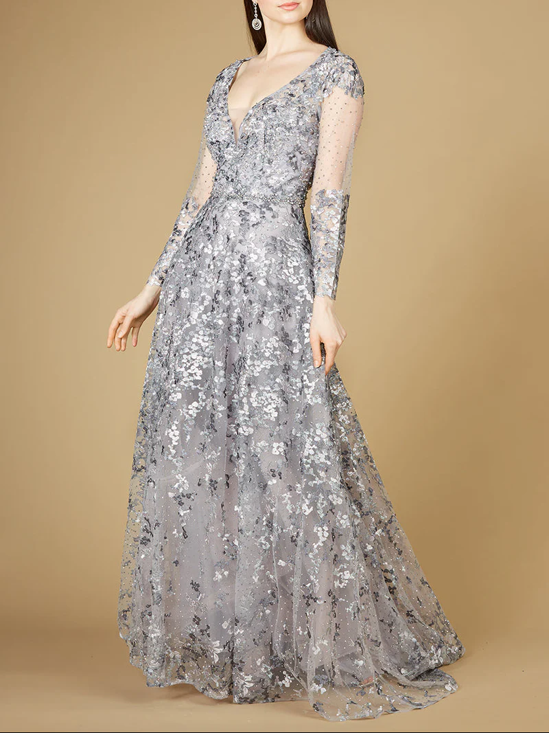 A-line Gown With Long Sleeves, V-Neckline - Image 2
