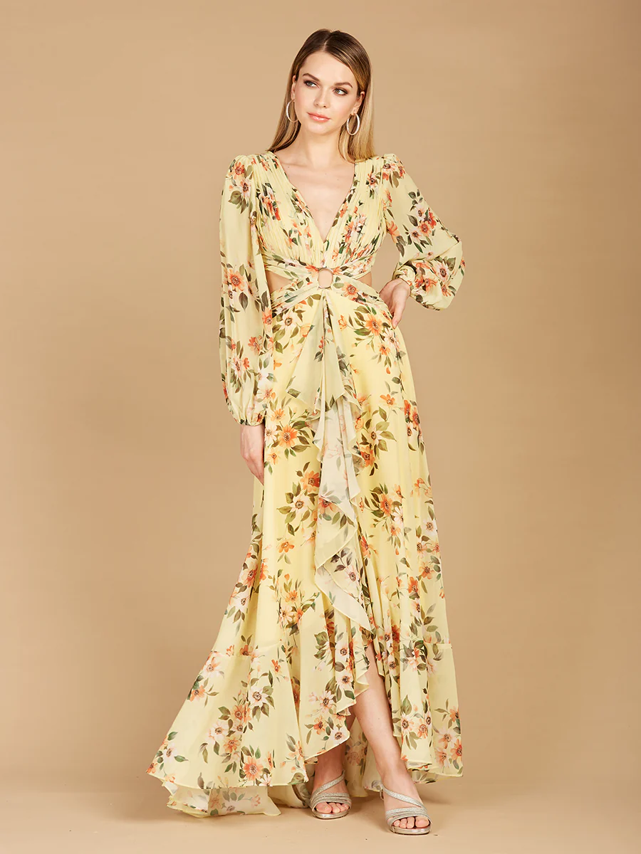Long Sleeve V-Neck, Layered Skirt Print Dress- OUTLET - Image 3
