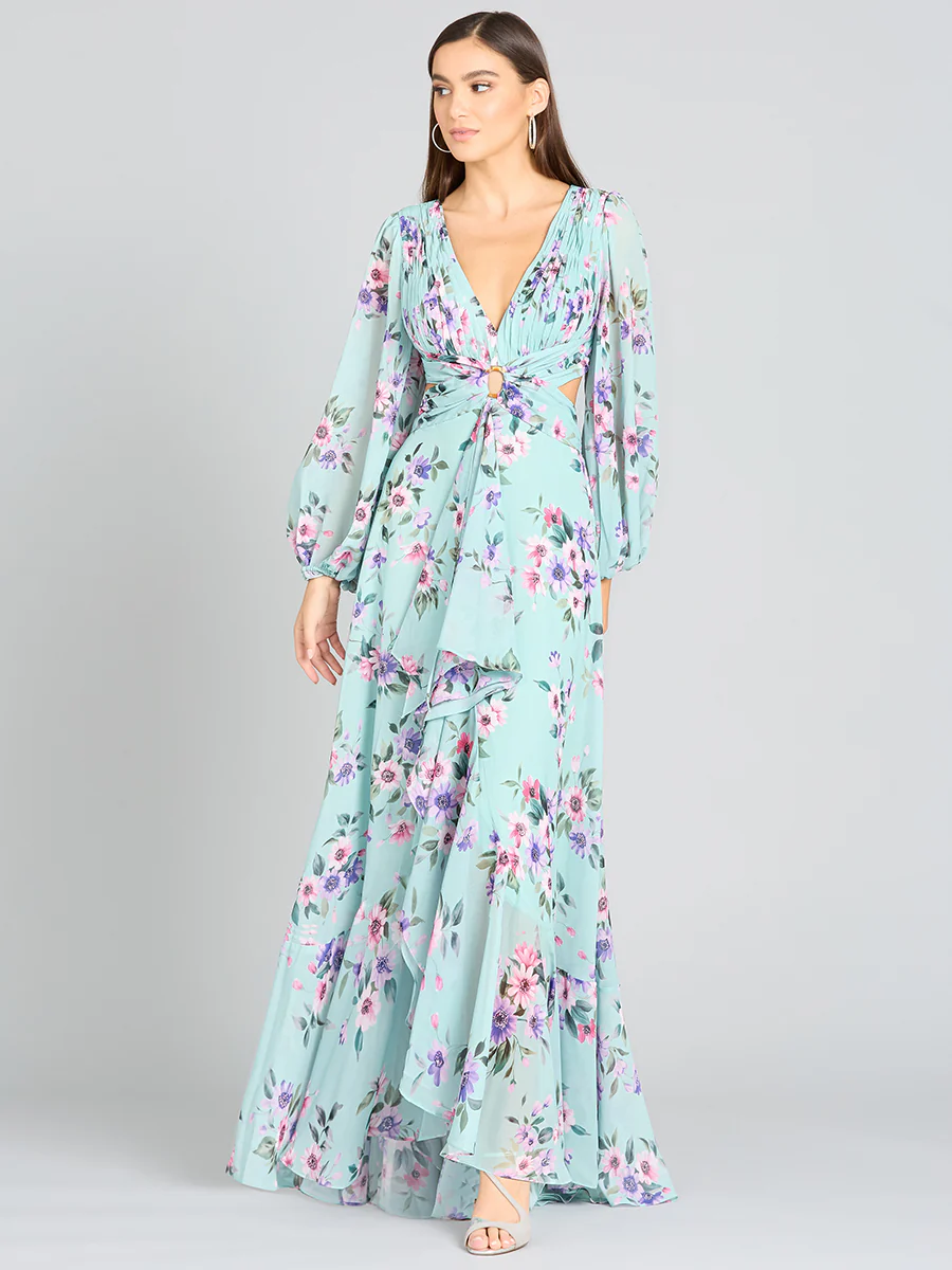 Long Sleeve V-Neck, Layered Skirt Print Dress- OUTLET - Image 4