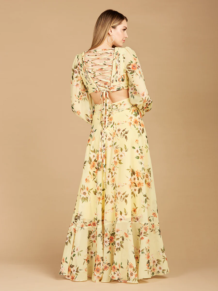 Long Sleeve V-Neck, Layered Skirt Print Dress- OUTLET - Image 5