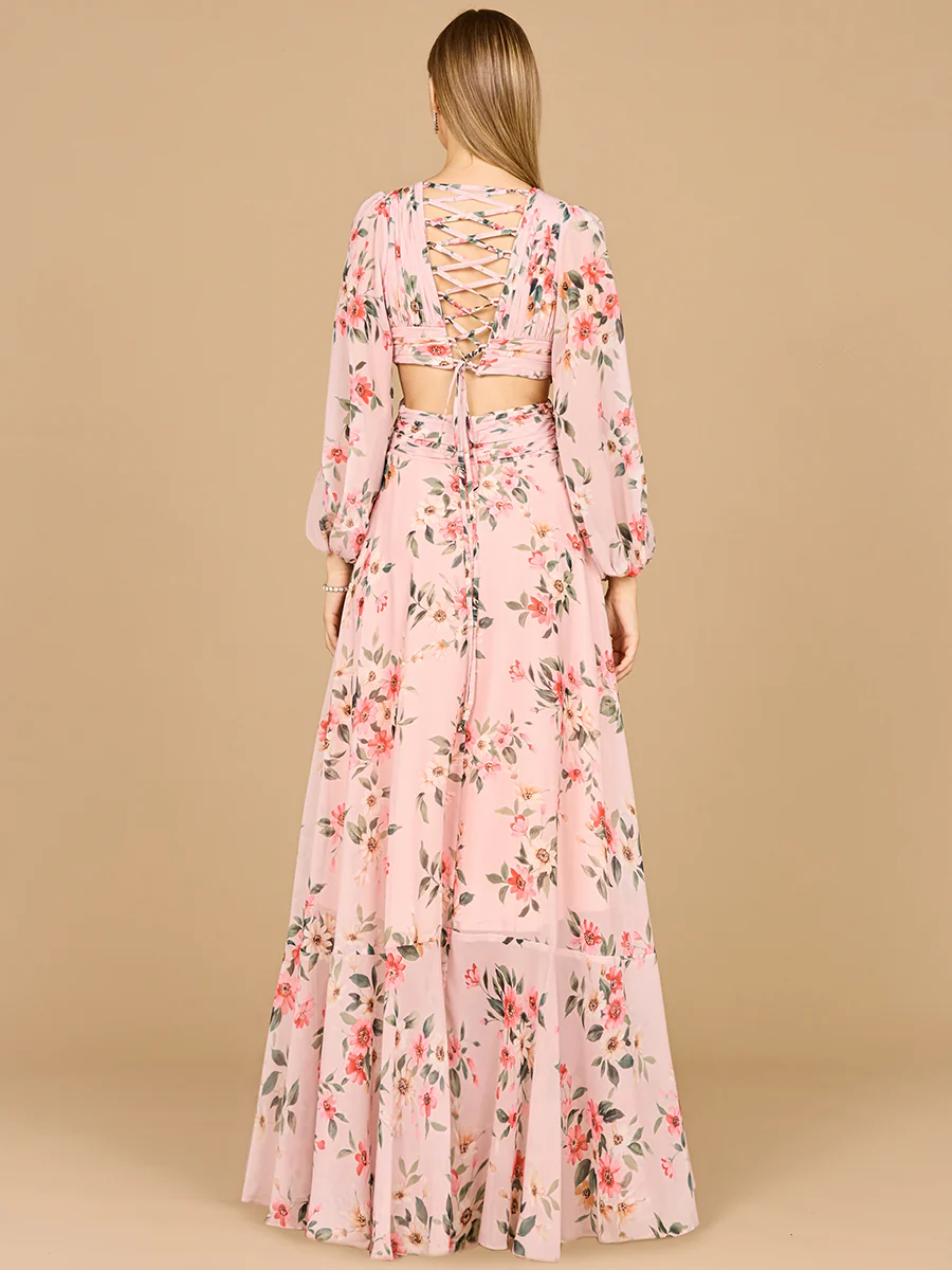 Long Sleeve V-Neck, Layered Skirt Print Dress- OUTLET - Image 6