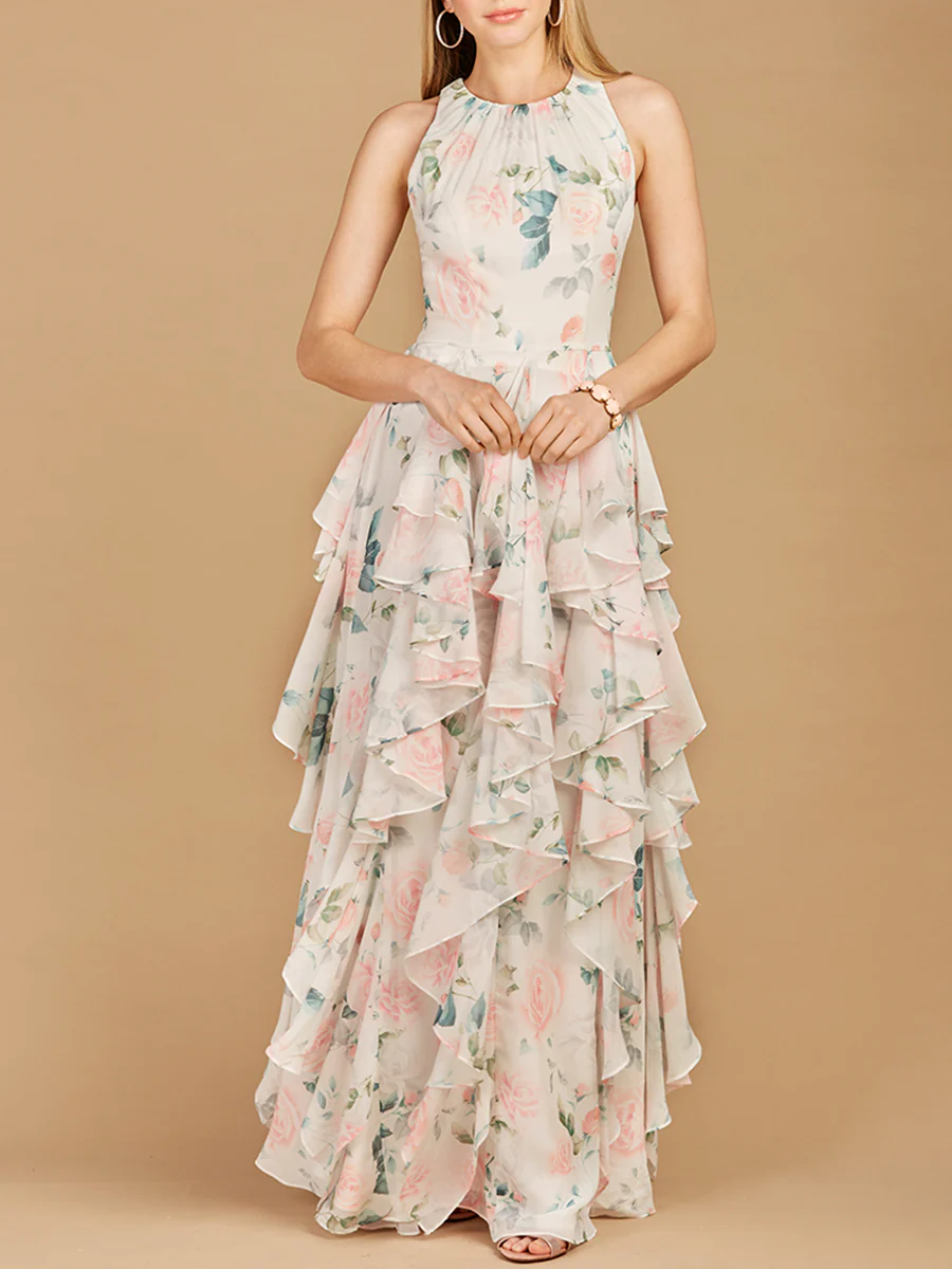 High Neck, Ruffled Skirt Printed Dress - OUTLET