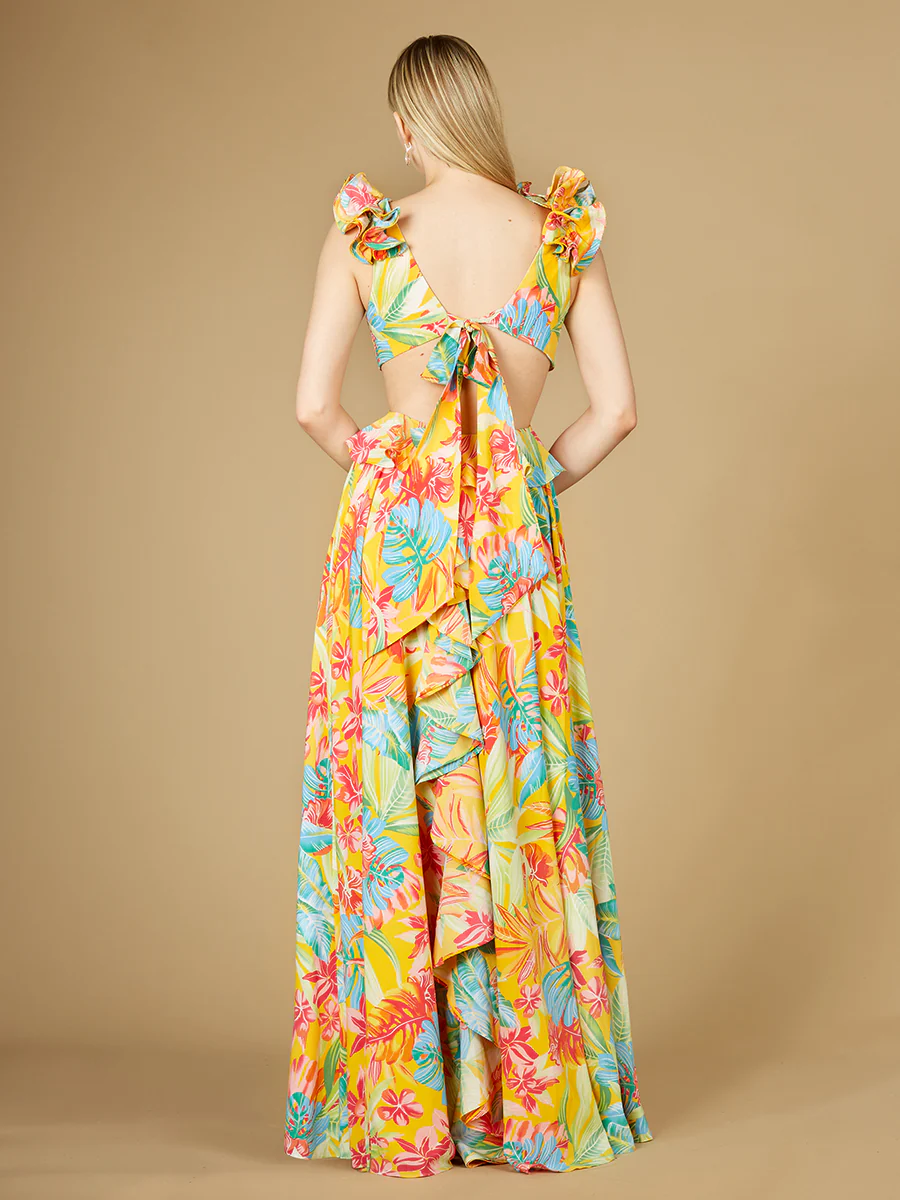 V-Neck Long Print Gown with Ruffled Straps - OUTLET - Image 3