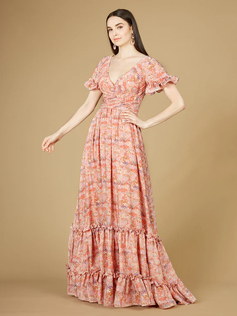 Long Print Gown with Cap Sleeves - OUTLET - Image 2