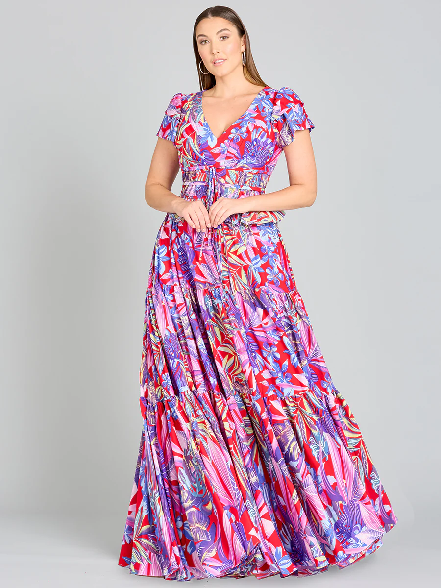 V-Neck Long Print Gown with Cap Sleeves - OUTLET - Image 2