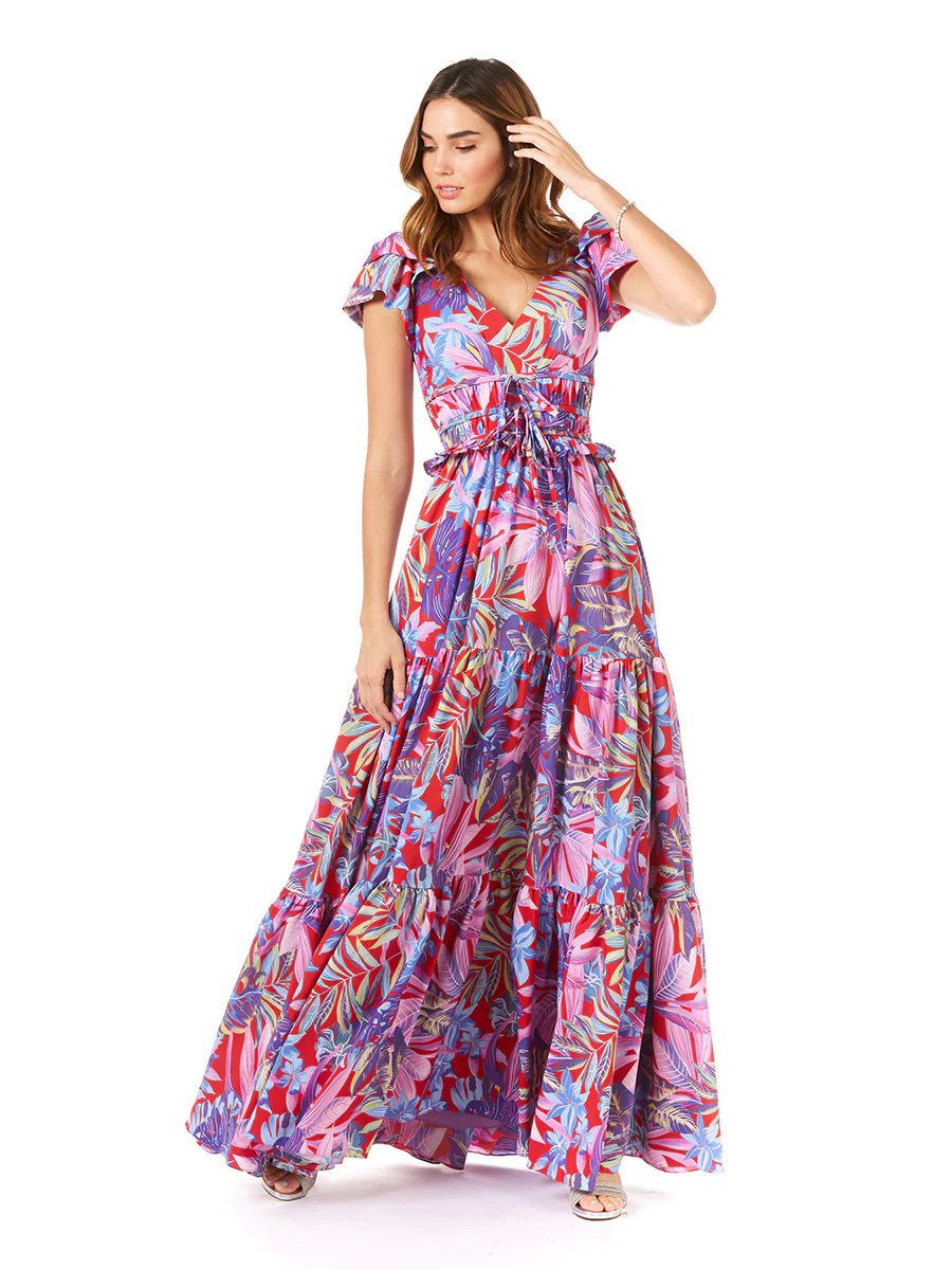 V-Neck Long Print Gown with Cap Sleeves - OUTLET - Image 3