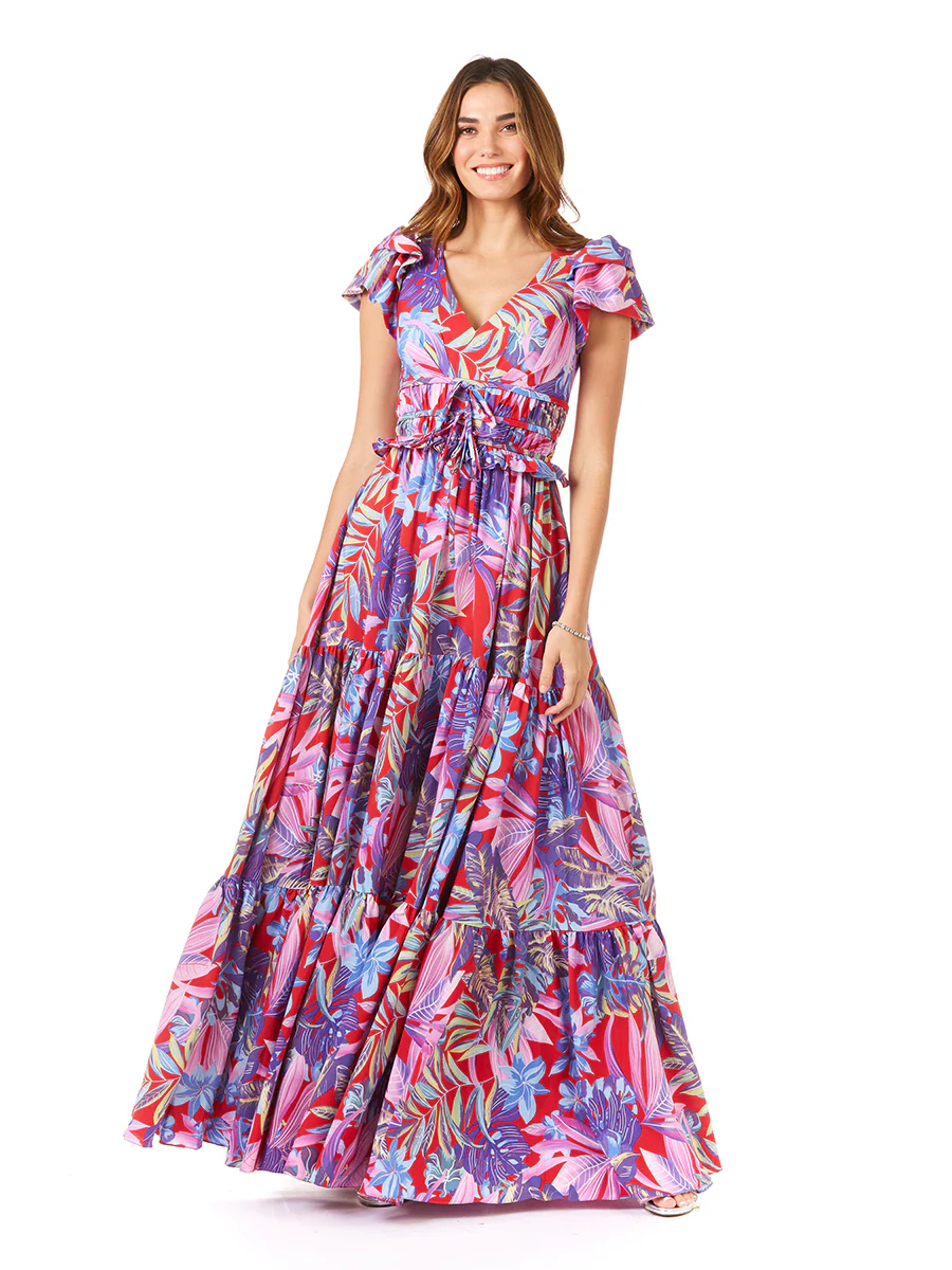 V-Neck Long Print Gown with Cap Sleeves - OUTLET - Image 4