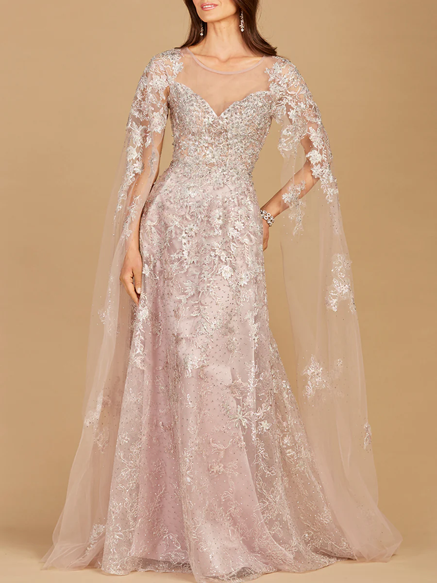 Lace Gown with Cape Sleeves, Sweetheart Neckline | 29300