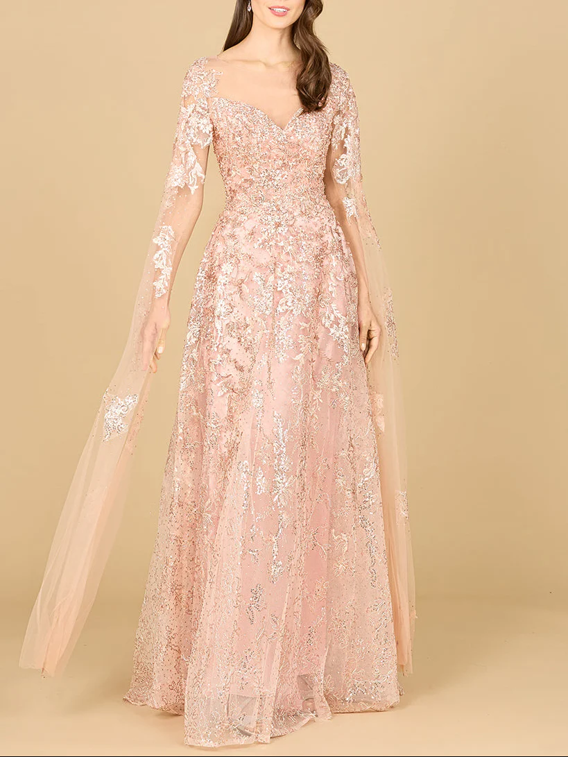 Lace Gown with Cape Sleeves, Sweetheart Neckline | 29300 - Image 4