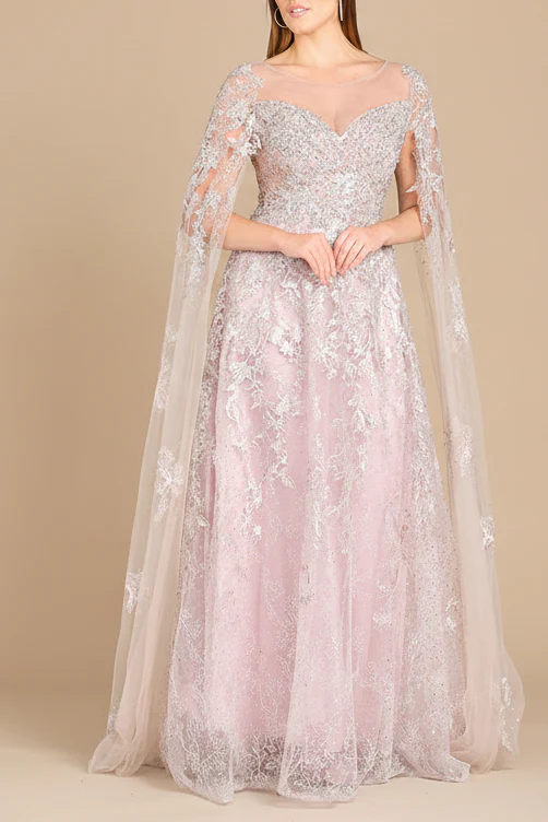 Lace Gown with Cape Sleeves, Sweetheart Neckline | 29300 - Image 5