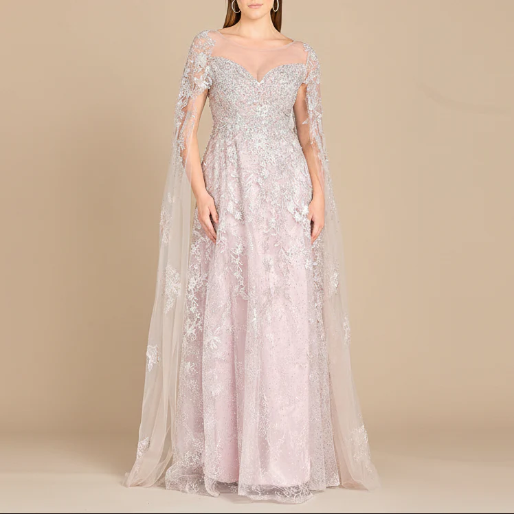 Lace Gown with Cape Sleeves, Sweetheart Neckline | 29300 - Image 6