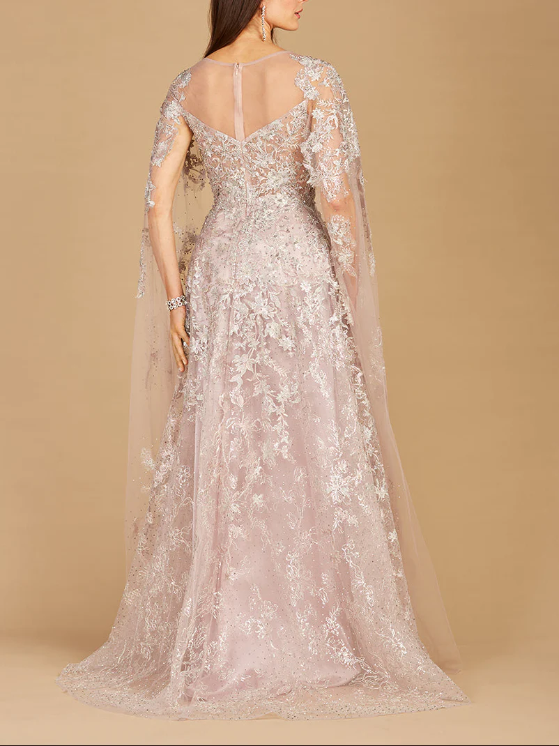 Lace Gown with Cape Sleeves, Sweetheart Neckline | 29300 - Image 9
