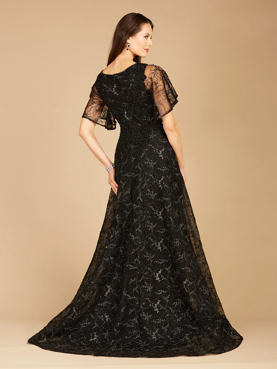 Cape Sleeve Beaded Gown in Black - OUTLET - Image 3