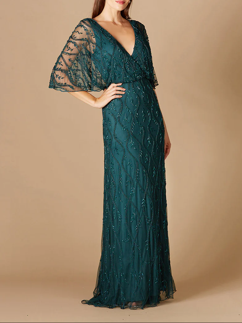 Illusion Cape Sleeve Beaded Gown - Image 2