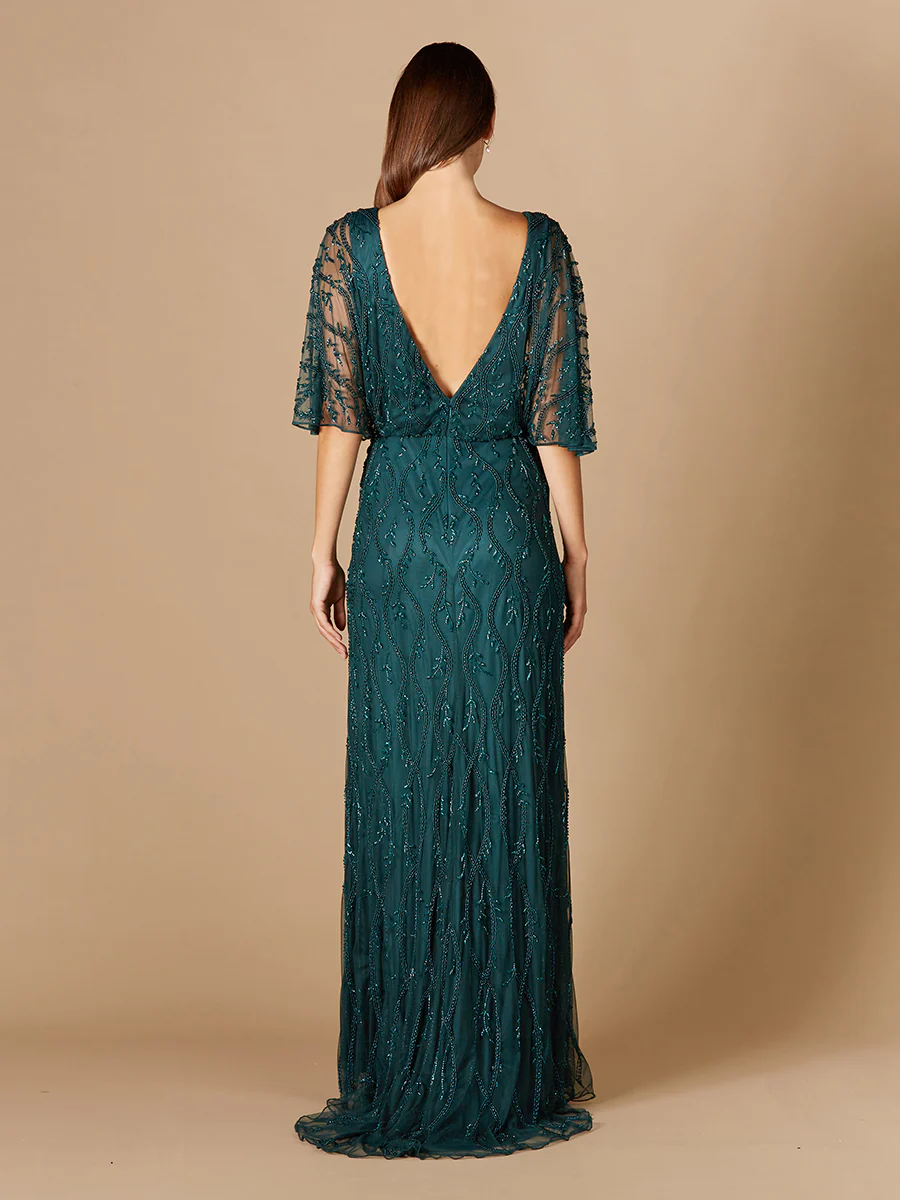 Illusion Cape Sleeve Beaded Gown - Image 3