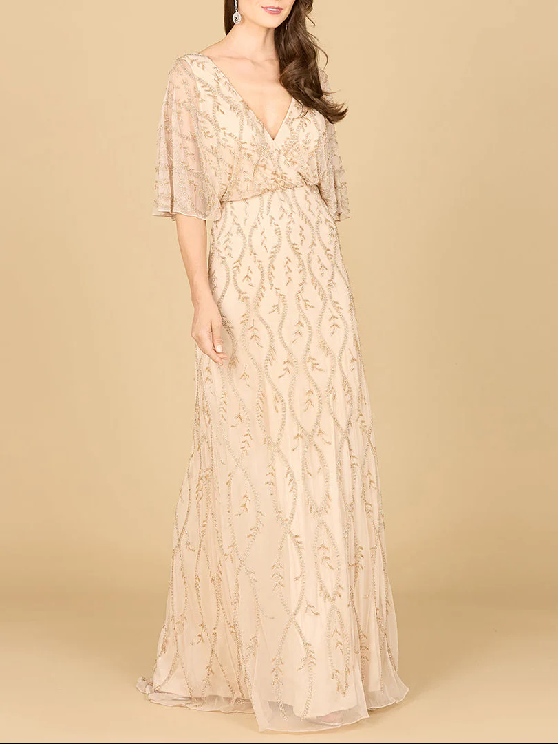 Illusion Cape Sleeve Beaded Gown - Image 4