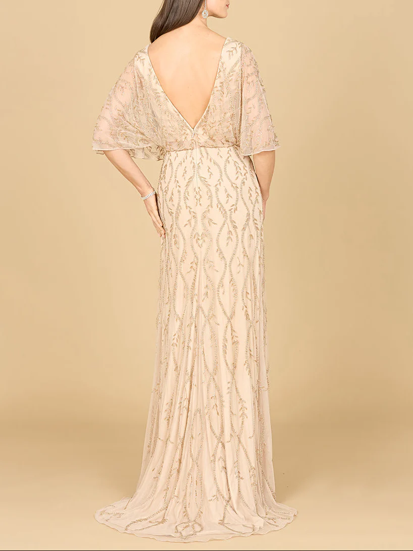 Illusion Cape Sleeve Beaded Gown - Image 5