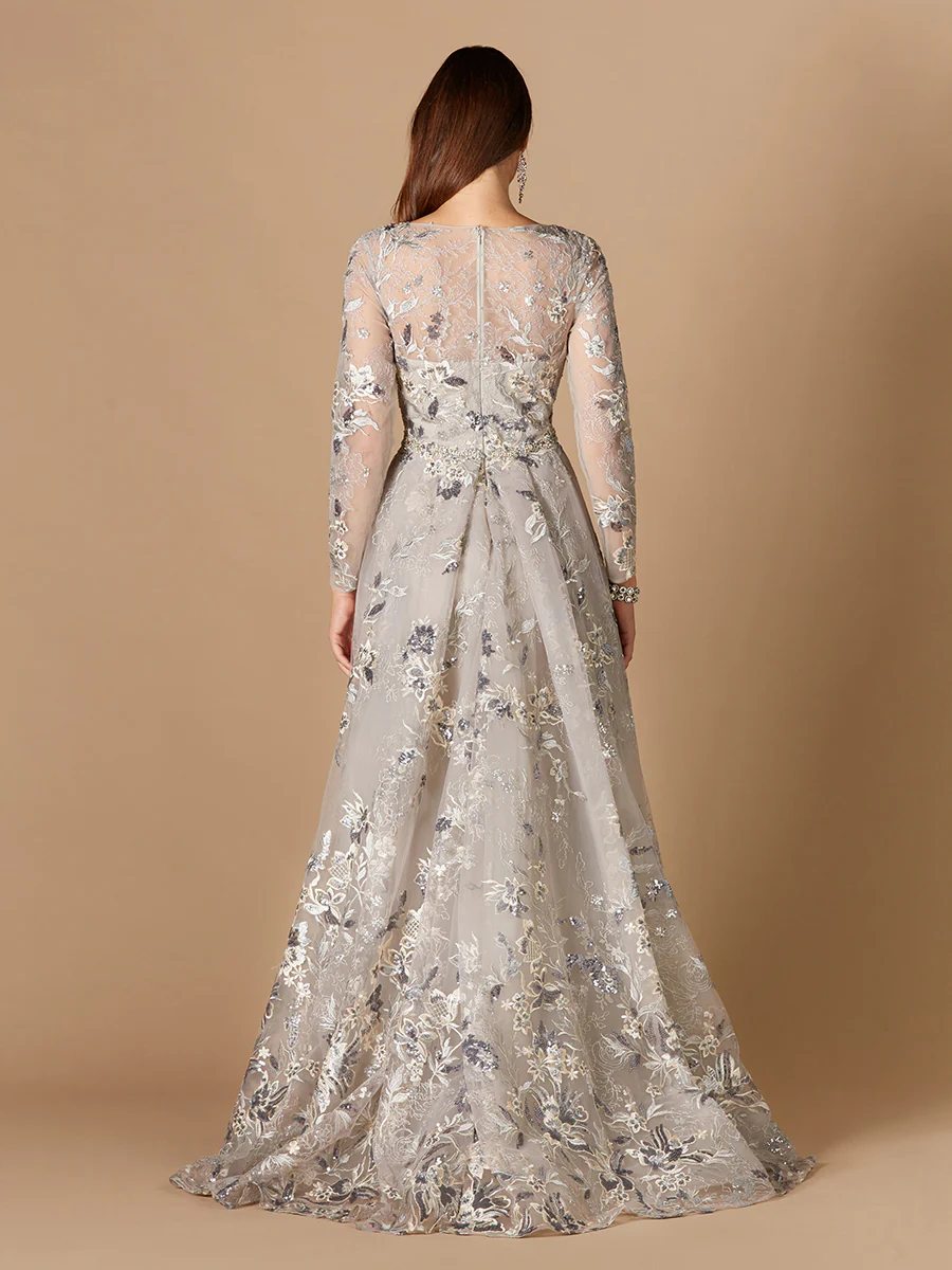 Long Sleeve V-Neck Gown with Attached Overskirt OUTLET - Image 3