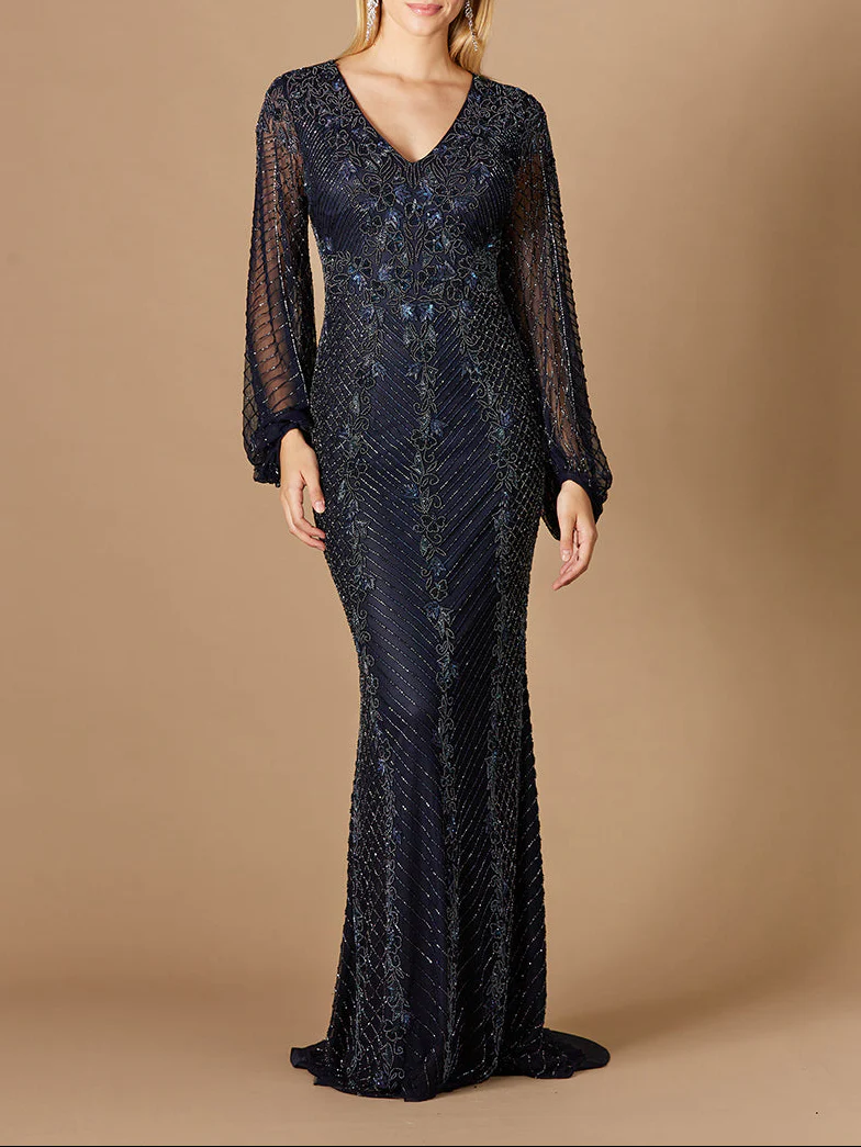 Long Sleeve Beaded Gown with Balloon Sleeves - Image 2