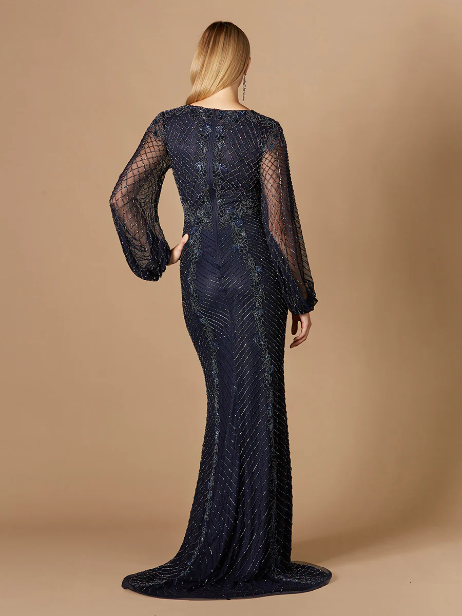 Long Sleeve Beaded Gown with Balloon Sleeves - Image 3