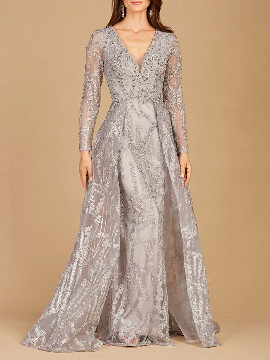 Long Sleeve Lace Gown with Overskirt