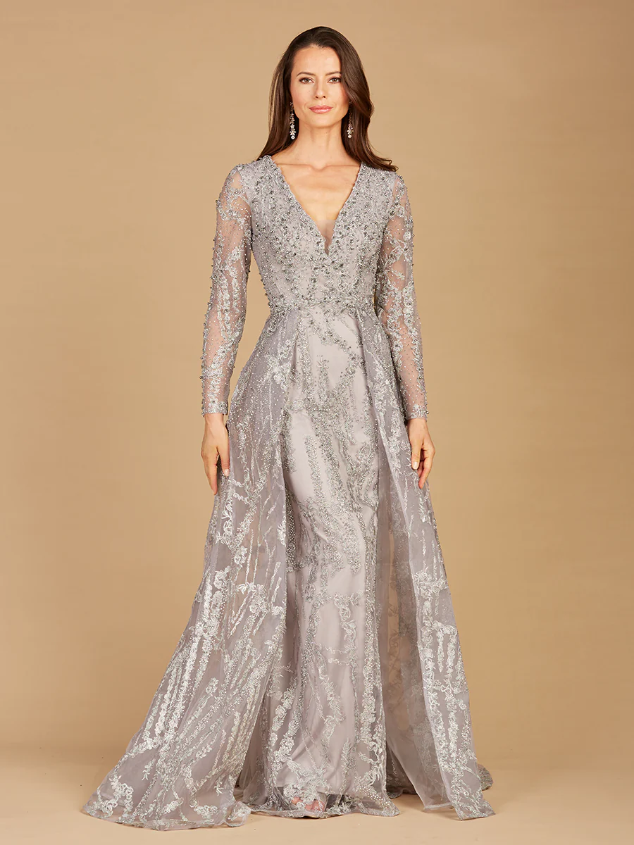 Long Sleeve Lace Gown with Overskirt - Image 2
