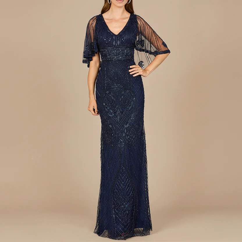 Cape Sleeve V-Neck Beaded Gown