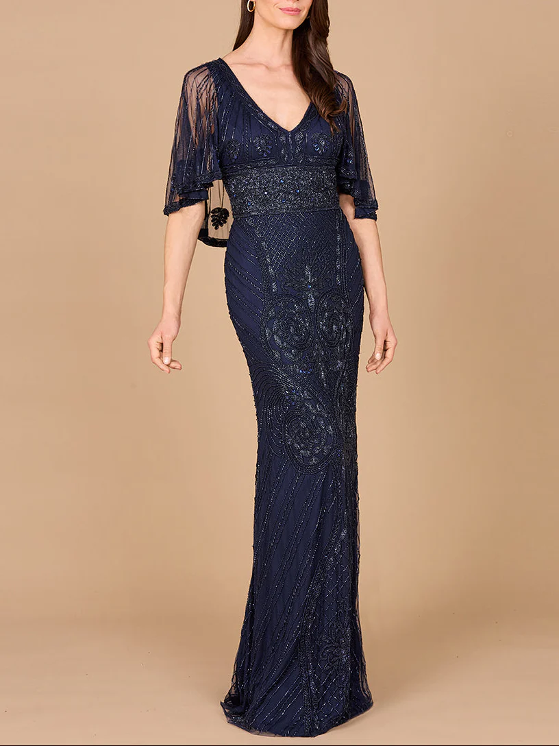 Cape Sleeve V-Neck Beaded Gown - Image 10