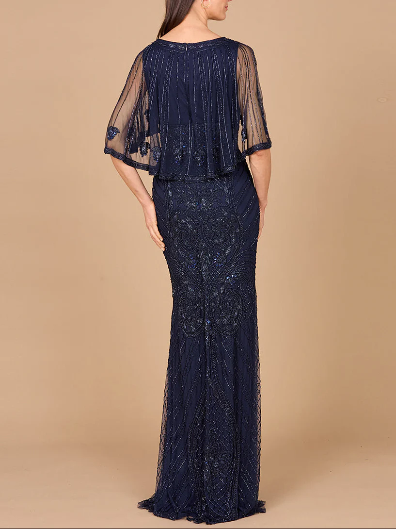 Cape Sleeve V-Neck Beaded Gown - Image 11