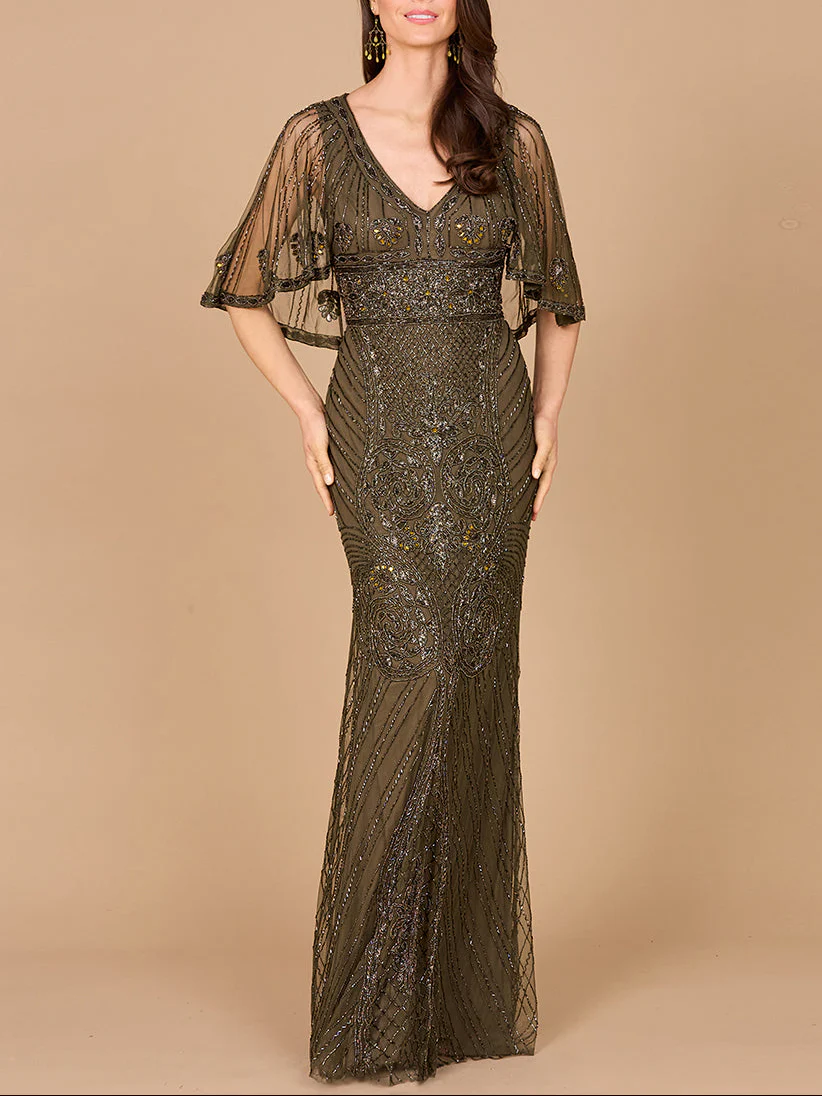 Cape Sleeve V-Neck Beaded Gown - Image 12
