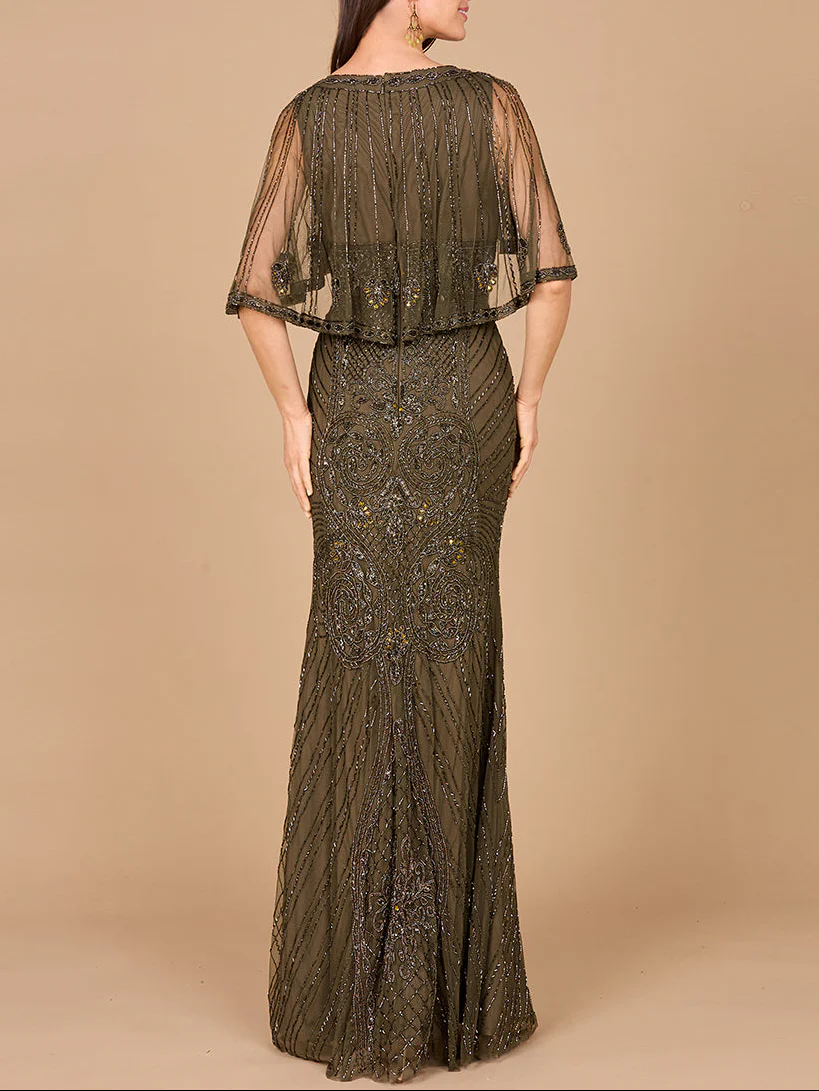 Cape Sleeve V-Neck Beaded Gown - Image 3